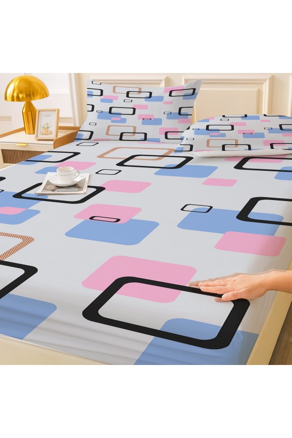Mavi Pembe Geometrik Desenli Lastikli Çift Kişilik Çarşaf Takımı Yastık Kılıflı 160x200cm