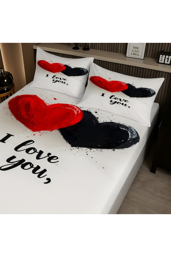 Love You Kalpler Desenli Lastikli Çift Kişilik Çarşaf Takımı Yastık Kılıflı 160x200cm