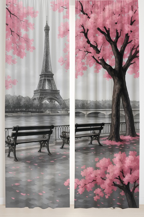 Paris Eyfel Kulesi Pembe Çiçekli Desenli Çift Kanatlı Fon Perde Süet Oturma Odası Salon Mutfak