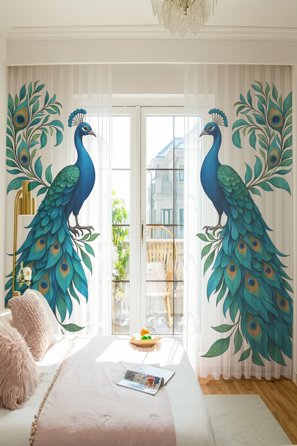 Mavi Tavus Kuşu Desenli Çift Kanatlı Tül Perde Oturma Odası Salon Mutfak 140x260cm