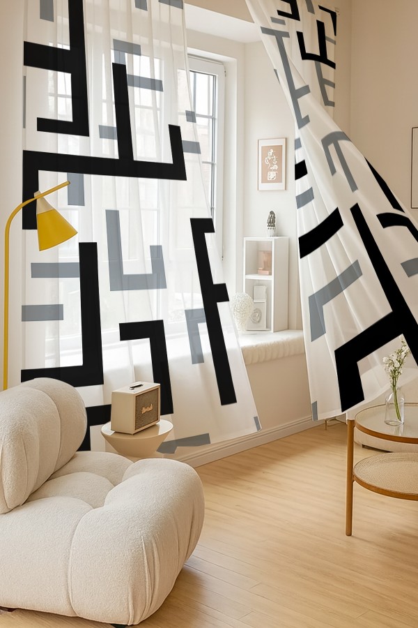 Siyah Gri Geometrik Desenli Çift Kanatlı Tül Perde Oturma Odası Salon Mutfak 140x260cm