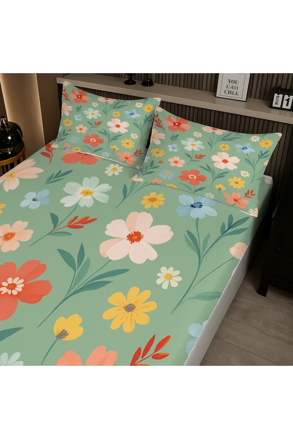 Minik Çiçekler Desenli Lastikli Çift Kişilik Çarşaf Takımı Yastık Kılıflı 160x200cm