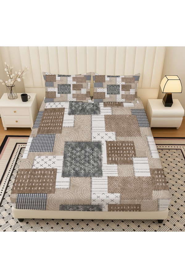 Kahverengi Geometrik Retro Desenli Lastikli Çift Kişilik Çarşaf Takımı Yastık Kılıflı 160x200cm