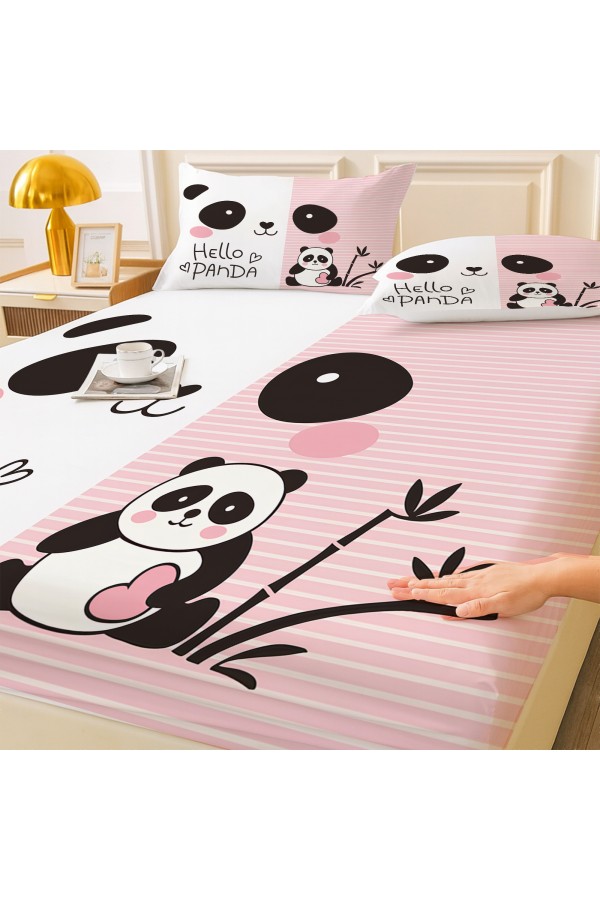Sevimli Panda Desenli Lastikli Çift Kişilik Çarşaf Takımı Yastık Kılıflı 160x200cm