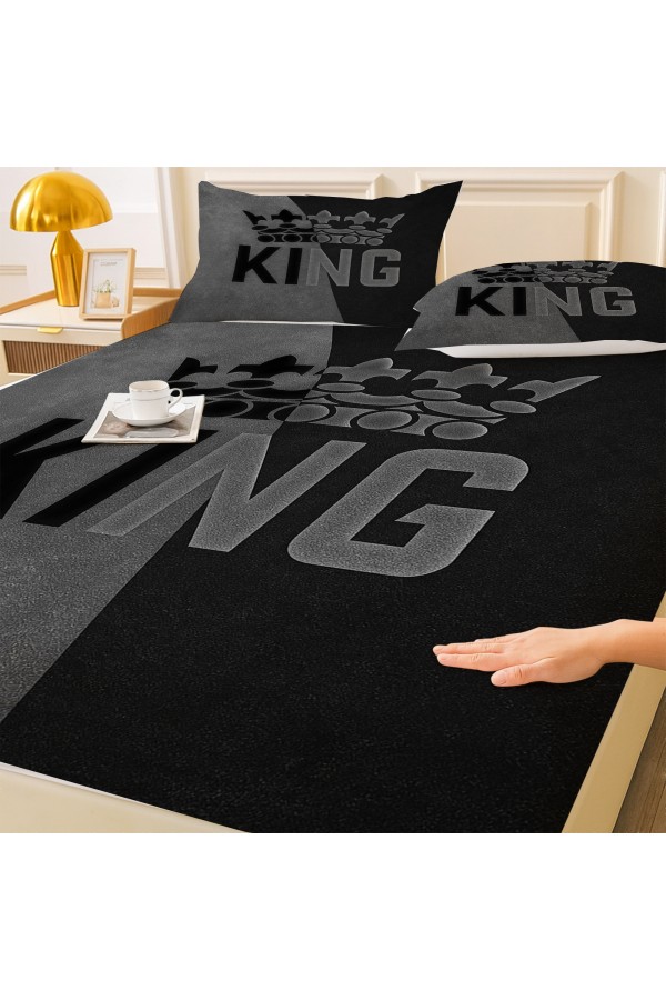 King Kral Gri Desenli Lastikli Çift Kişilik Çarşaf Takımı Yastık Kılıflı 160x200cm