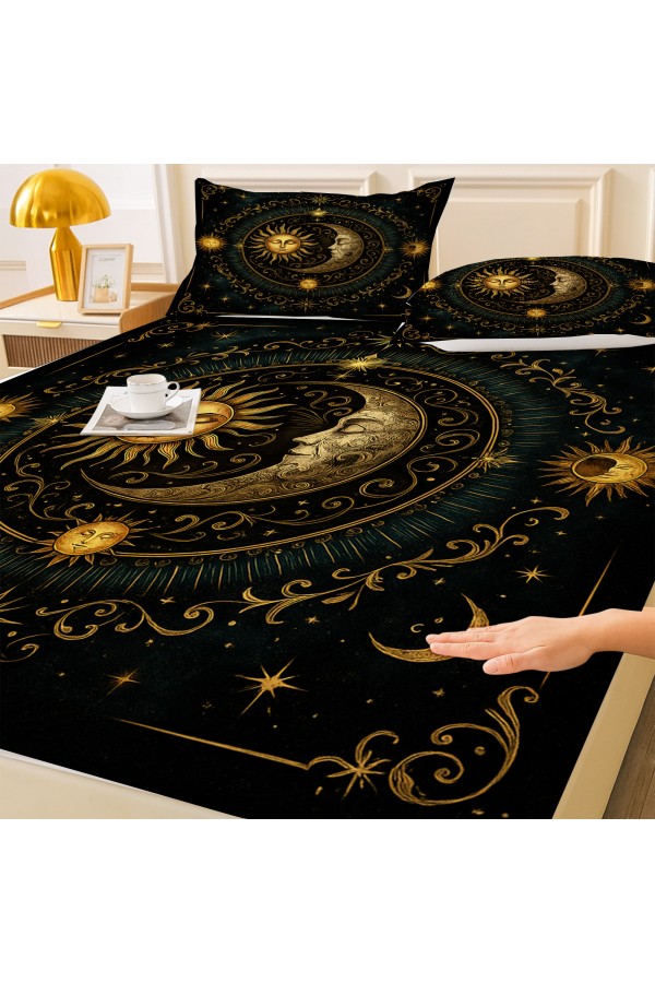 Ay Güneş Astronoloji Desenli Lastikli Çift Kişilik Çarşaf Takımı Yastık Kılıflı 160x200cm