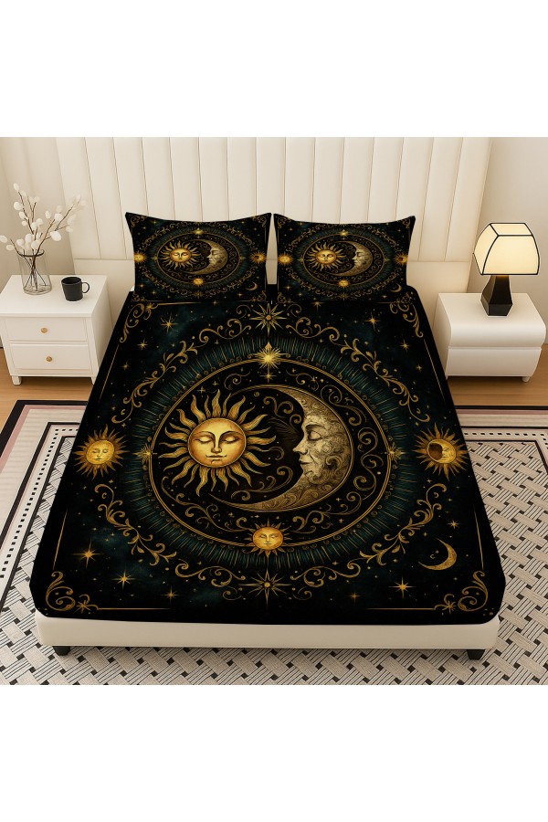 Ay Güneş Astronoloji Desenli Lastikli Çift Kişilik Çarşaf Takımı Yastık Kılıflı 160x200cm