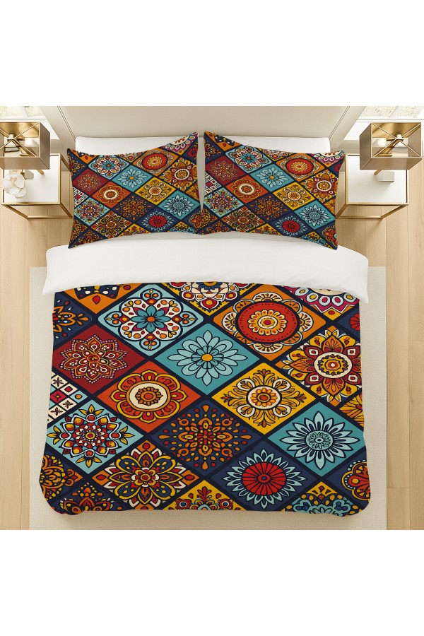 Renkli Karolar Etnik Desenli Pamuk Saten Çift Kişilik Nevresim Takımı 200x220cm Renkli Karolar Etnik Desenli Pamuk Saten Çift Kişilik Nevresim Takımı 200x220cm