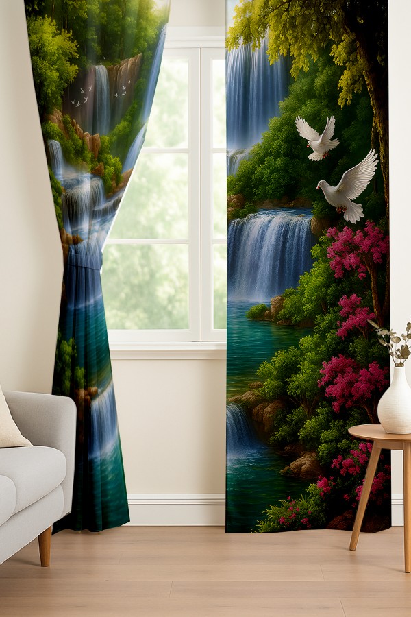 Doğa Manzaralı Şelale Kuş Desenli Çift Kanatlı Fon Perde Süet Oturma Odası Salon Mutfak 140x260cm