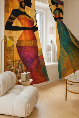 Afrika Silüet Kadın Etnik Desenli Çift Kanatlı Tül Perde Oturma Odası Salon Mutfak 140x260cm Afrika Silüet Kadın Etnik Desenli Çift Kanatlı Tül Perde Oturma Odası Salon Mutfak 140x260cm