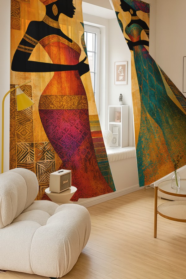 Afrika Silüet Kadın Etnik Desenli Çift Kanatlı Tül Perde Oturma Odası Salon Mutfak 140x260cm Afrika Silüet Kadın Etnik Desenli Çift Kanatlı Tül Perde Oturma Odası Salon Mutfak 140x260cm