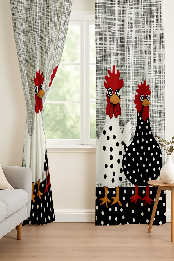 Tavuk Horoz Polka Dot Desenli Çift Kanatlı Fon Perde Süet Oturma Odası Salon Mutfak 140x260cm