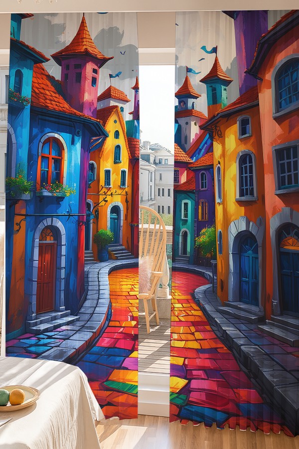 Renkli Sokak Manzaralı Desenli Çift Kanatlı Tül Perde Oturma Odası Salon Mutfak 140x260cm