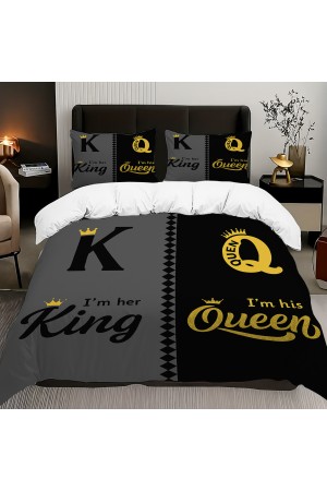 Gri Siyah Kral Kraliçe Desenli Pamuk Saten Çift Kişilik Nevresim Takımı 200x220cm Gri Siyah Kral Kraliçe Desenli Pamuk Saten Çift Kişilik Nevresim Takımı 200x220cm