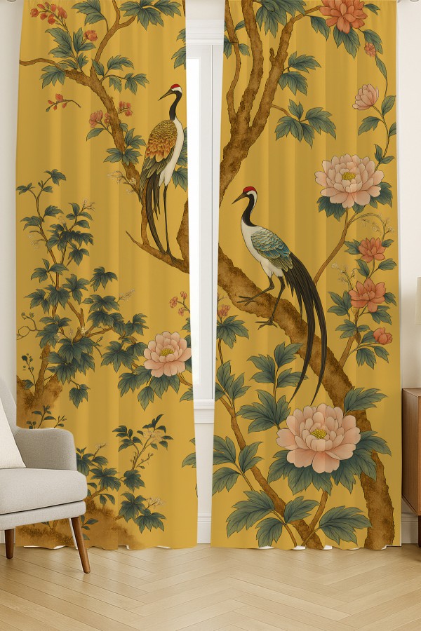 Sarı Turna Kuşu Çiçekler Desenli Çift Kanatlı Fon Perde Süet Oturma Odası Salon Mutfak 140x260cm
