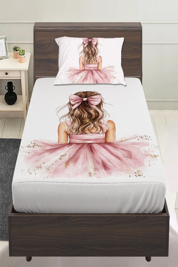 Pembe Fiyonklu Sarı Kız Desenli Çocuk Tek Kişilik Yastıklı Lastikli Çarşaf Takımı 100x200cm