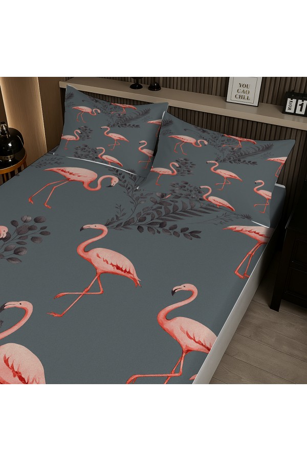 Pembe Flamingo Gri Desenli Lastikli Çift Kişilik Çarşaf Takımı Yastık Kılıflı 160x200cm