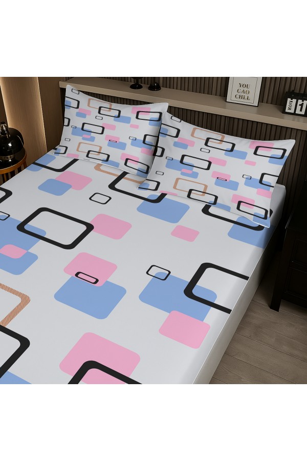 Mavi Pembe Geometrik Desenli Lastikli Çift Kişilik Çarşaf Takımı Yastık Kılıflı 160x200cm