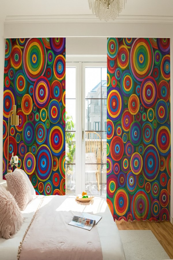 Renkli Retro Halka Desenli Çift Kanatlı Tül Perde Oturma Odası Salon Mutfak 140x260cm