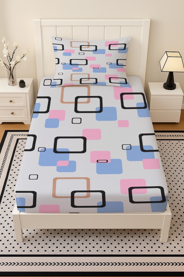 Mavi Pembe Geometrik Desenli Lastikli Tek Kişilik Çarşaf Takımı Yastık Kılıflı 100x200cm Mavi Pembe Geometrik Desenli Lastikli Tek Kişilik Çarşaf Takımı Yastık Kılıflı 100x200cm