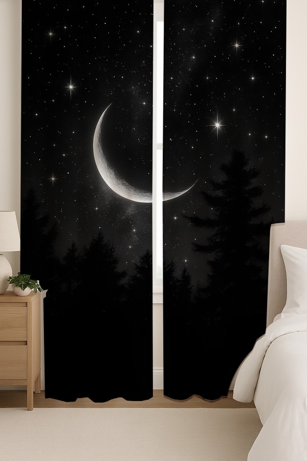 Gece Manzaralı Ay ve Yıldız Desenli Çift Kanatlı Fon Perde Süet Oturma Odası Salon Mutfak 140x260cm