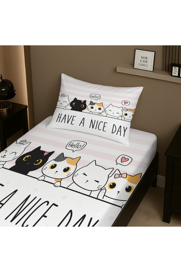 Minik Kedili Desenli Lastikli Tek Kişilik Çarşaf Takımı Yastık Kılıflı 100x200cm Minik Kedili Desenli Lastikli Tek Kişilik Çarşaf Takımı Yastık Kılıflı 100x200cm