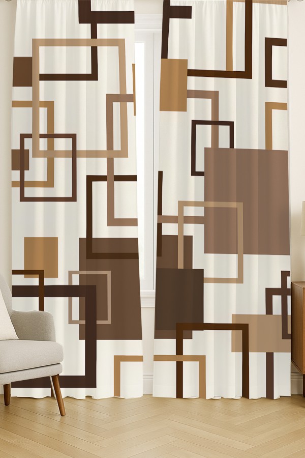 Kahverengi Geometrik Kare Desenli Çift Kanatlı Fon Perde Süet Oturma Odası Salon Mutfak 140x260cm