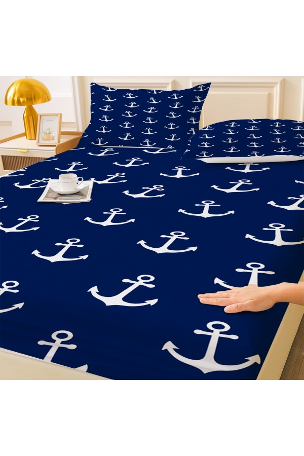 Mavi Denizci Çapa Desenli Lastikli Çift Kişilik Çarşaf Takımı Yastık Kılıflı 160x200cm