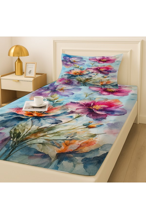 Suluboya Çiçek Desenli Lastikli Tek Kişilik Çarşaf Takımı Yastık Kılıflı 100x200cm Suluboya Çiçek Desenli Lastikli Tek Kişilik Çarşaf Takımı Yastık Kılıflı 100x200cm