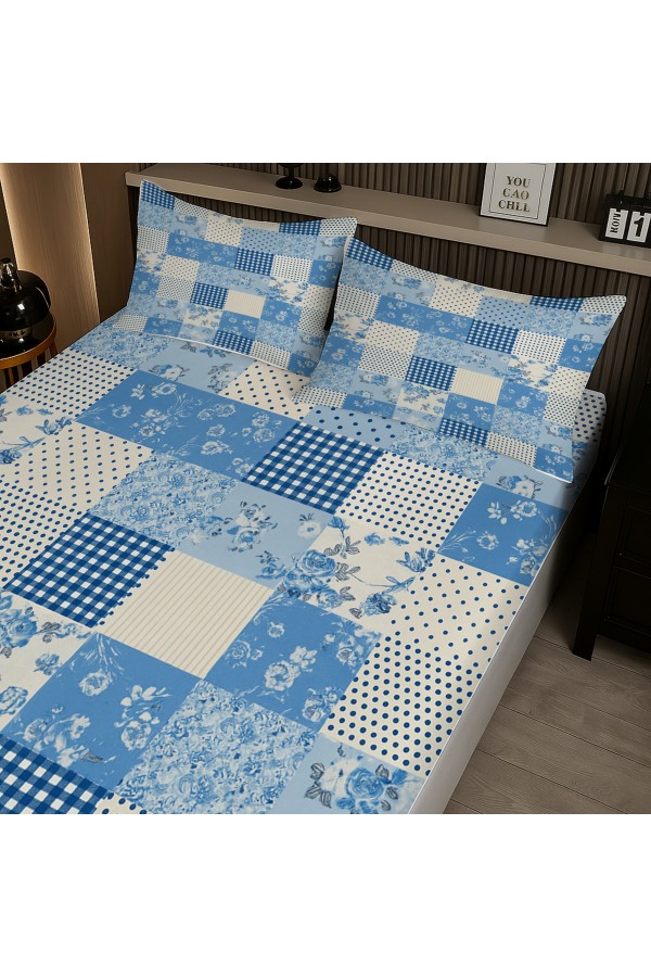 Mavi Beyaz Desenli Lastikli Çift Kişilik Çarşaf Takımı Yastık Kılıflı 160x200cm