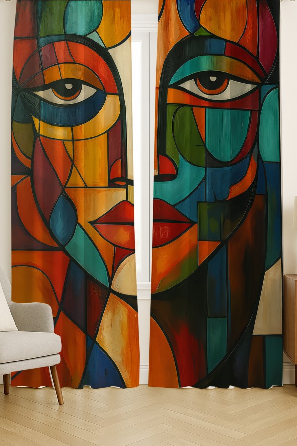 Soyut Yüz Desenli Çift Kanatlı Fon Perde Süet Oturma Odası Salon Mutfak 140x260cm