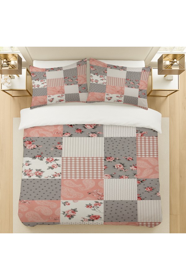 Gri Pembe Retro Çiçek Desenli Pamuk Saten Çift Kişilik Nevresim Takımı 200x220cm Gri Pembe Retro Çiçek Desenli Pamuk Saten Çift Kişilik Nevresim Takımı 200x220cm