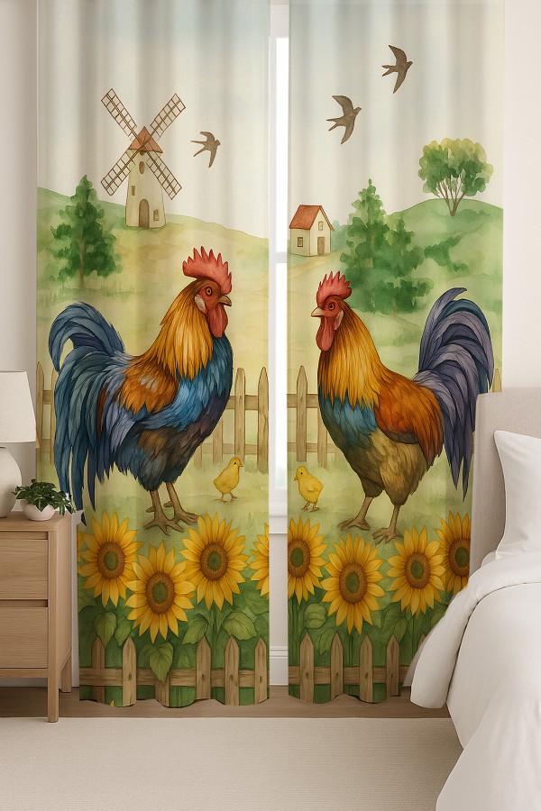 Horoz Çiftlik Desenli Çift Kanatlı Fon Perde Süet Oturma Odası Salon Mutfak 140x260cm