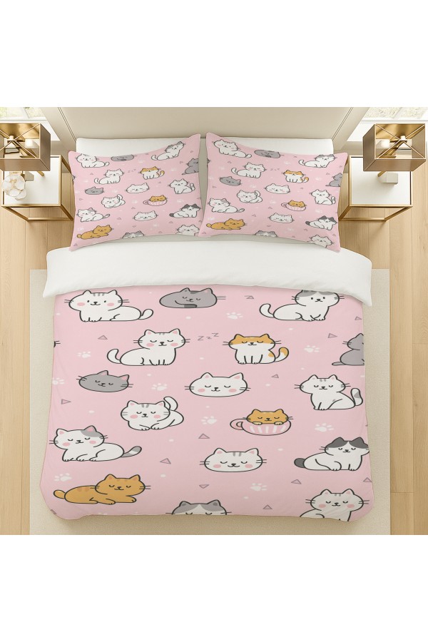 Pembe Sevimli Kediler Desenli Pamuk Saten Çift Kişilik Nevresim Takımı 200x220cm Pembe Sevimli Kediler Desenli Pamuk Saten Çift Kişilik Nevresim Takımı 200x220cm
