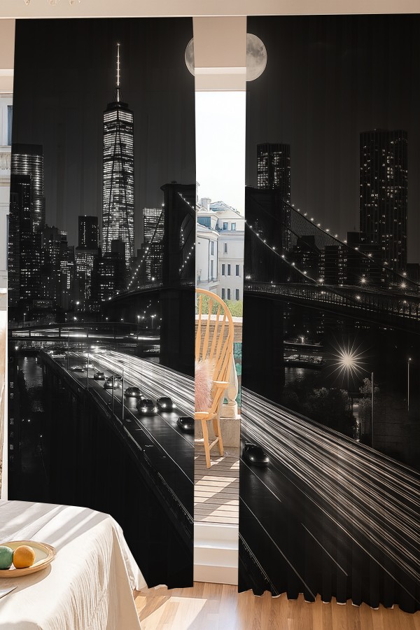 New York Gece Manzaralı Şehir Silüeti Desenli Çift Kanatlı Tül Perde Oturma Odası Salon Mutfak