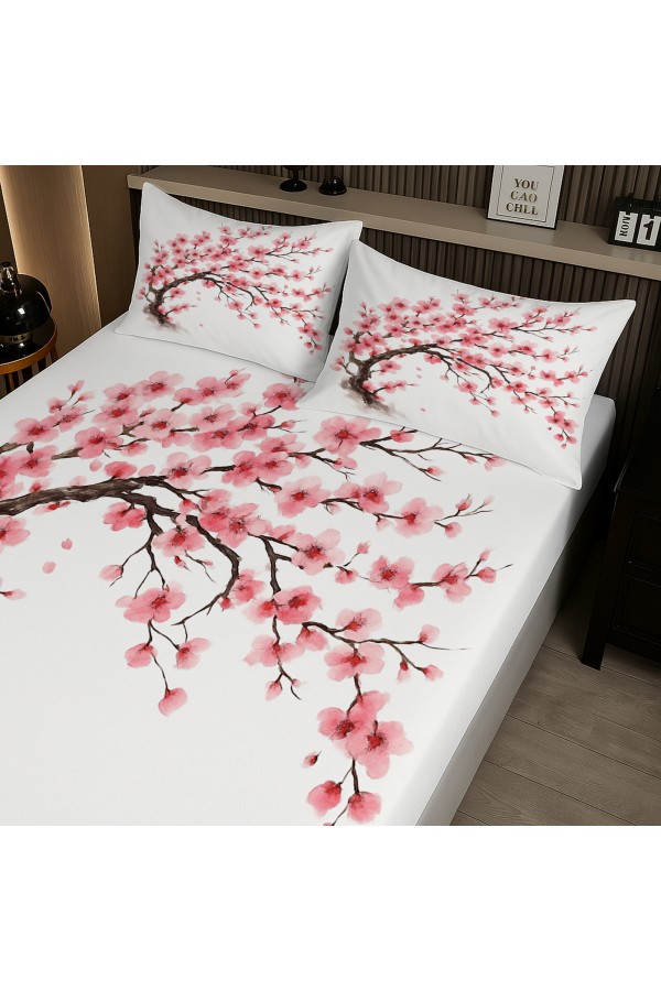 Sakura Pembe Çiçekli Ağaç Desenli Lastikli Çift Kişilik Çarşaf Takımı Yastık Kılıflı 160x200cm