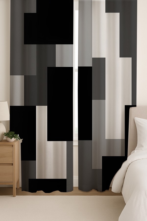 Siyah Gri Blok Geometrik Desenli Çift Kanatlı Fon Perde Süet Oturma Odası Salon Mutfak 140x260cm