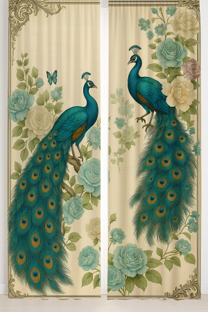 Vintage Tavus Kuşu Desenli Çift Kanatlı Fon Perde Süet Oturma Odası Salon Mutfak 140x260cm Vintage Tavus Kuşu Desenli Çift Kanatlı Fon Perde Süet Oturma Odası Salon Mutfak 140x260cm