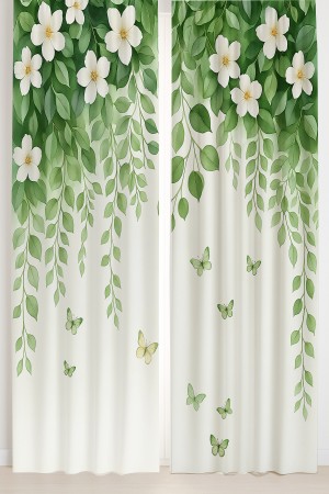 Yeşil Yapraklı Çiçekler Kelebek Desenli Çift Kanatlı Fon Perde Süet Oturma Odası Salon Mutfak
