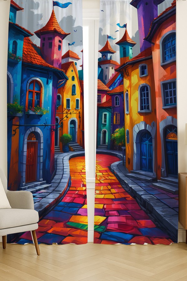 Renkli Sokak Manzaralı Desenli Çift Kanatlı Fon Perde Süet Oturma Odası Salon Mutfak 140x260cm