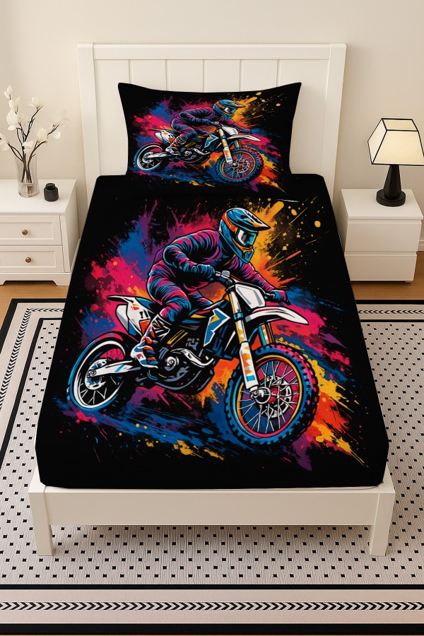Renkli Motorcu Desenli Lastikli Tek Kişilik Çarşaf Takımı Yastık Kılıflı 100x200cm Renkli Motorcu Desenli Lastikli Tek Kişilik Çarşaf Takımı Yastık Kılıflı 100x200cm
