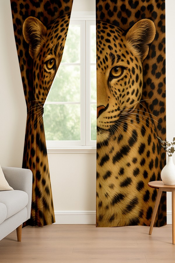 Leopar Desenli Çift Kanatlı Fon Perde Süet Oturma Odası Salon Mutfak 140x260cm