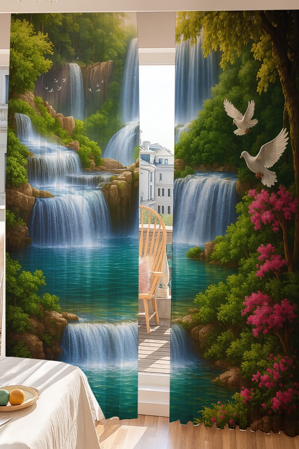 Doğa Manzaralı Şelale Kuş Desenli Çift Kanatlı Tül Perde Oturma Odası Salon Mutfak 140x260cm Doğa Manzaralı Şelale Kuş Desenli Çift Kanatlı Tül Perde Oturma Odası Salon Mutfak 140x260cm