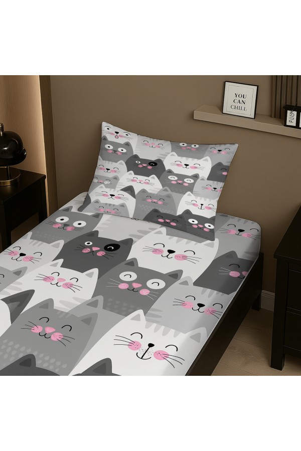 Gri Beyaz Kediler Desenli Lastikli Tek Kişilik Çarşaf Takımı Yastık Kılıflı 100x200cm Gri Beyaz Kediler Desenli Lastikli Tek Kişilik Çarşaf Takımı Yastık Kılıflı 100x200cm
