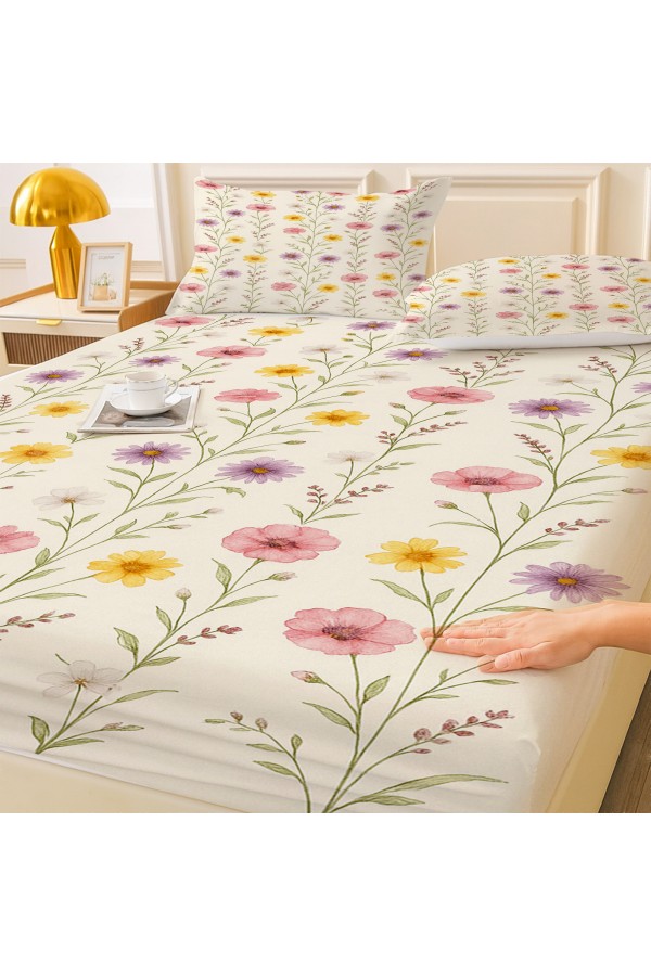 Renkli Çiçekler Desenli Lastikli Çift Kişilik Çarşaf Takımı Yastık Kılıflı 160x200cm