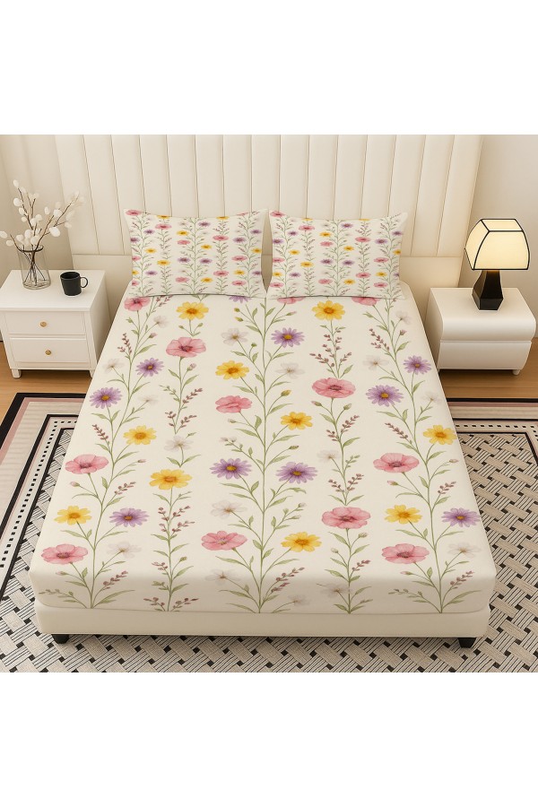 Renkli Çiçekler Desenli Lastikli Çift Kişilik Çarşaf Takımı Yastık Kılıflı 160x200cm