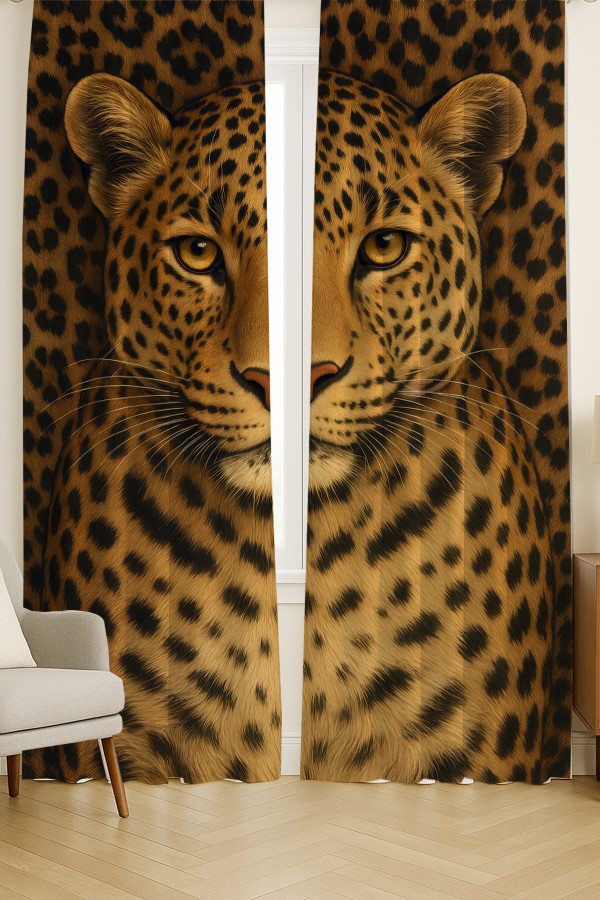 Leopar Desenli Çift Kanatlı Fon Perde Süet Oturma Odası Salon Mutfak 140x260cm