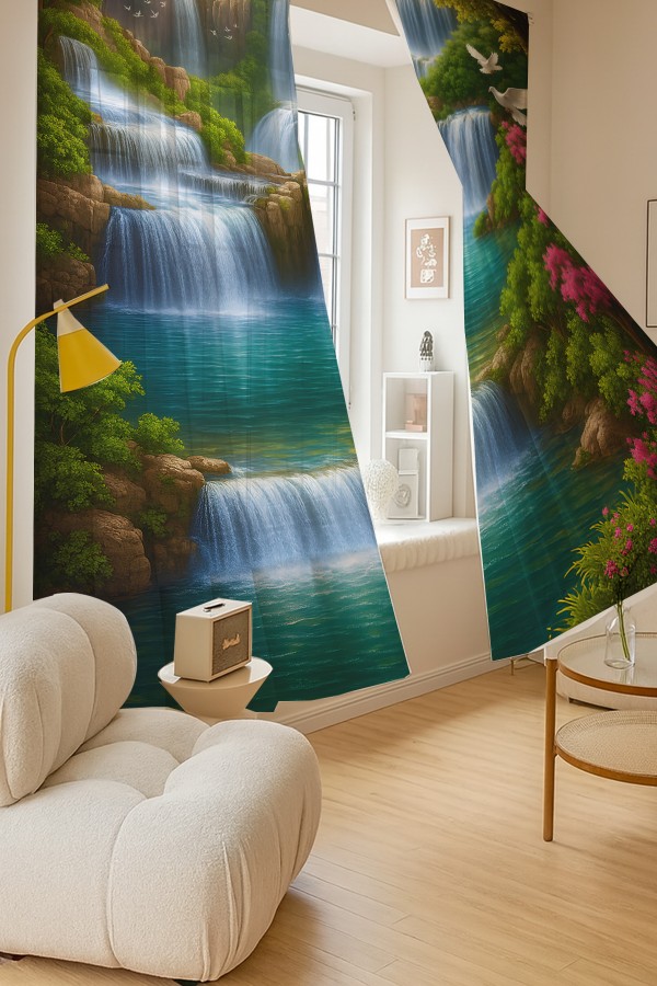 Doğa Manzaralı Şelale Kuş Desenli Çift Kanatlı Tül Perde Oturma Odası Salon Mutfak 140x260cm Doğa Manzaralı Şelale Kuş Desenli Çift Kanatlı Tül Perde Oturma Odası Salon Mutfak 140x260cm