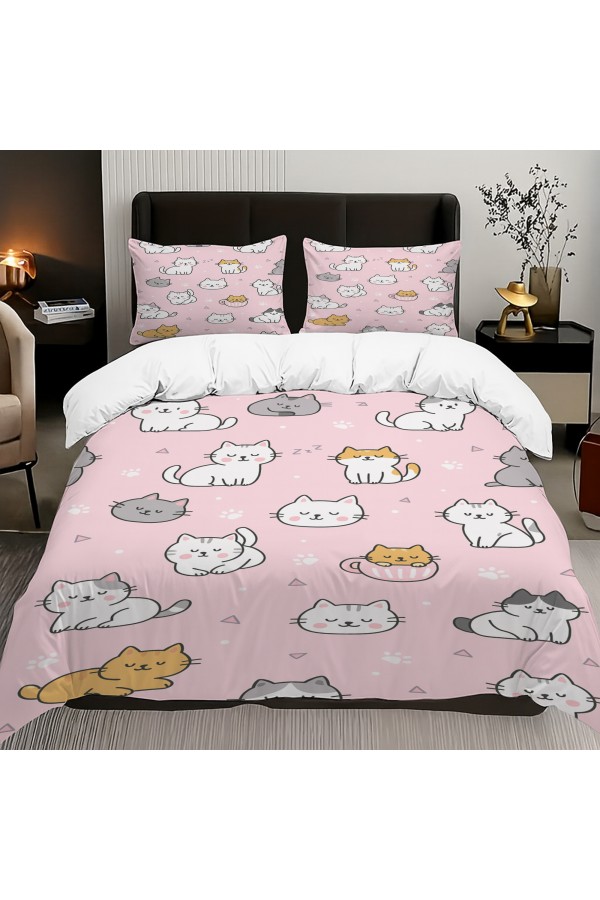 Pembe Sevimli Kediler Desenli Pamuk Saten Çift Kişilik Nevresim Takımı 200x220cm Pembe Sevimli Kediler Desenli Pamuk Saten Çift Kişilik Nevresim Takımı 200x220cm