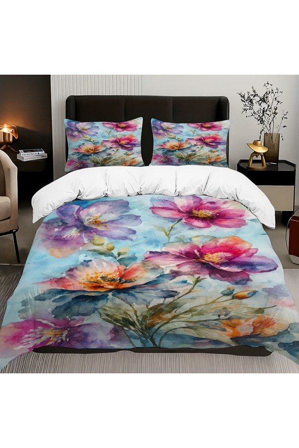 Suluboya Çiçek Desenli Pamuk Saten Çift Kişilik Nevresim Takımı 200x220cm Suluboya Çiçek Desenli Pamuk Saten Çift Kişilik Nevresim Takımı 200x220cm
